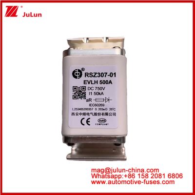 RSZ307-01 EVLH 500A 750VDC FUSE 50KA Quadrat Keramik Automobil Ladegeräte Elektrofahrzeuge Geräte und Ausrüstung Kleine Größe Niedrige Schmelzfähigkeit I2t Wert Hohe Brechfähigkeit Energie